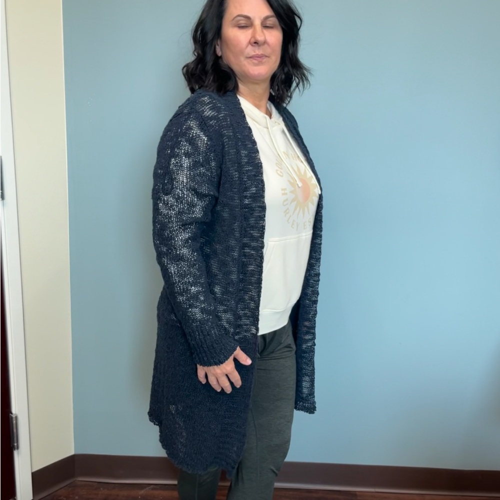 Lucky Brand navy sweater. Sexy see through back. Light weight. Size M.